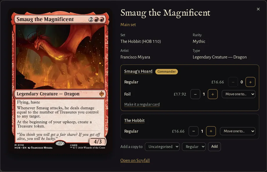 Smaug the Magnificent, with a regular copy in The Hobbit binder and a foil copy as the commander of Smaug’s Hoard, each with its price in pounds and buttons to add, remove or move one