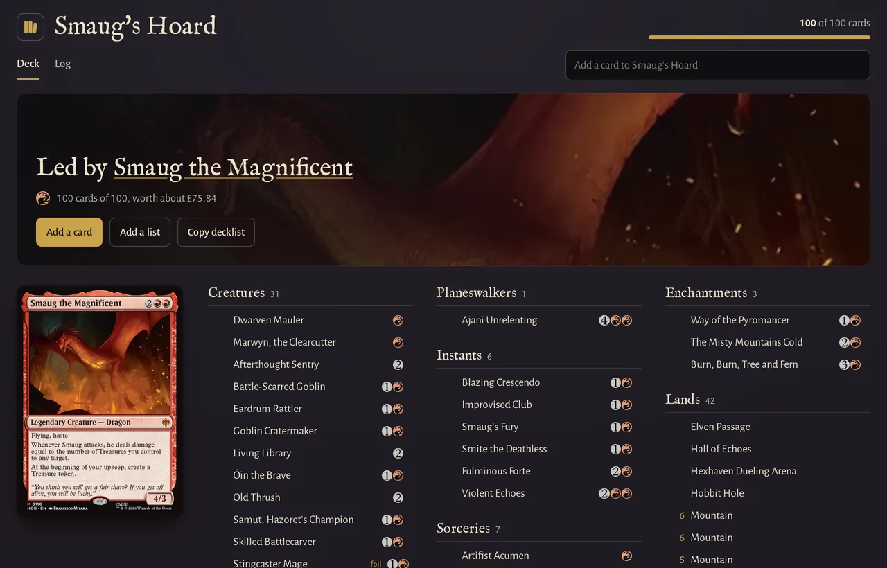 A Commander deck called Smaug’s Hoard: Smaug’s art across the top, 100 of 100 cards worth about £76, and the list grouped into creatures, instants, enchantments and lands