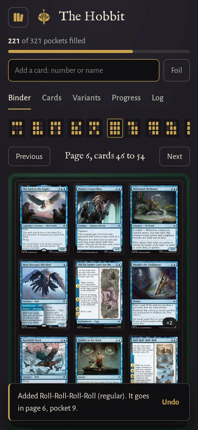 The Hobbit binder on a phone, with a message saying the card just added goes in page 6, pocket 9, and an Undo button