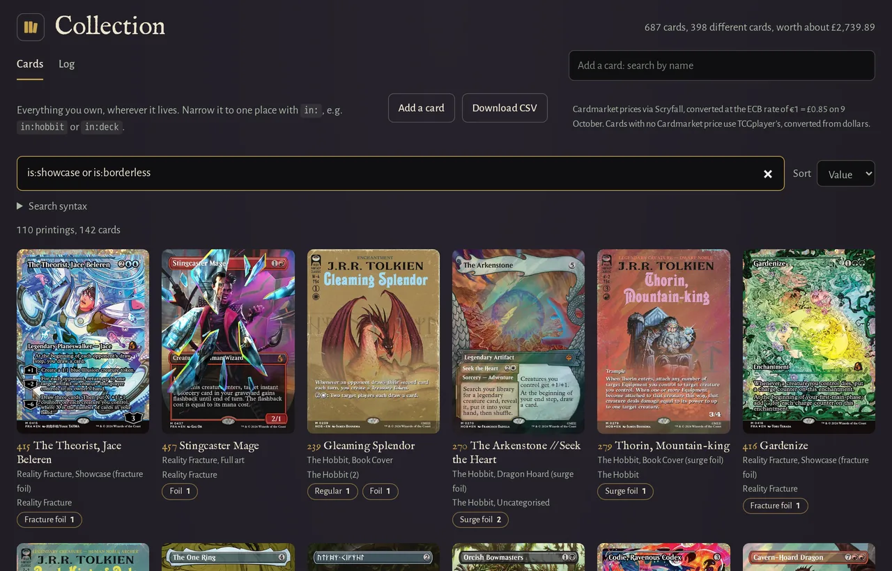 The collection searched for showcase and borderless cards, sorted by value: 109 printings from a collection worth about £2,694