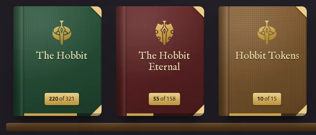 Green, red and tan binders on a near-black background, with gold corners